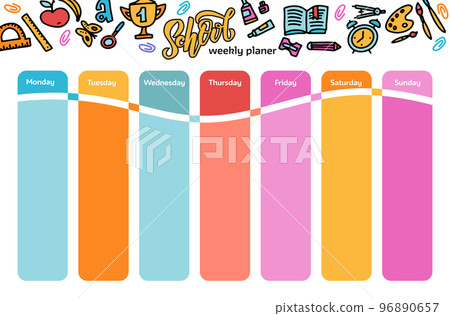 Vector Template School timetable for students and pupils. Illustration includes many hand drawn elements of school supplies. hand drawn doodle flat color illustration 96890657