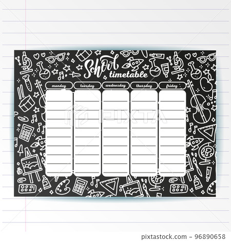School timetable template on chalk board with hand written chalk text and Adventure sea symbols. Weekly lessons shedule in sketchy style decorated with hand drawn school doodles on blackbord. School timetable template on chalk board with hand written chalk text and Adventure sea symbols. Weekly lessons shedule in sketchy style decorated with hand drawn school doodles on blackbord. 96890658