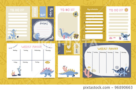 Set of planners with cute dinosaurs in Scandinavian style. Cute postcards, day planners, to-do list for print. Hand drawn doodle illustration of cute dino with cactus and trendy lettering. 96890663
