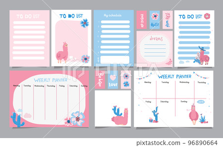 Set of planners and to do lists with simple scandinavian illustrations and trendy lettering with cacti and cute llama characters. Vector Template for agenda, planners and other stationery. Isolated. Set of planners and to do lists with simple scandinavian illustrations and trendy lettering with cacti and cute llama characters. Vector Template for agenda, planners and other stationery. Isolated. 96890664