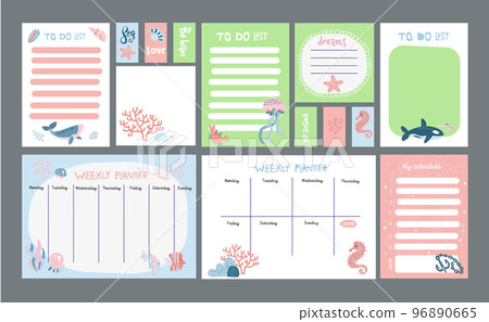 Big set of Pastel planner with Marine life cute illustrations. Timetables and to do lists with simple scandinavian whale and fish characters and trendy lettering. Vector Template for agenda, planners 96890665