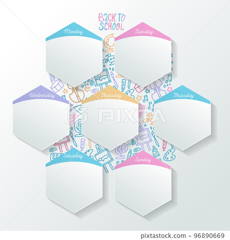 Timetable of day-by-day activities with realistic sheets in hexagon shapes. Conceptual week organizer. For school or university announcements. School plan of lesson schedule template. Timetable of day-by-day activities with realistic sheets in hexagon shapes. Conceptual week organizer. For school or university announcements. School plan of lesson schedule template. 96890669
