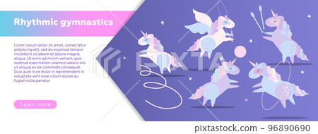 Horizontal Web banner design template for rhythmic gymnastics school. Modern vector illustration concept. Cute unicorns doing rhythmic gymnastics with ribbon, ball, hoop, skipping rope 96890690