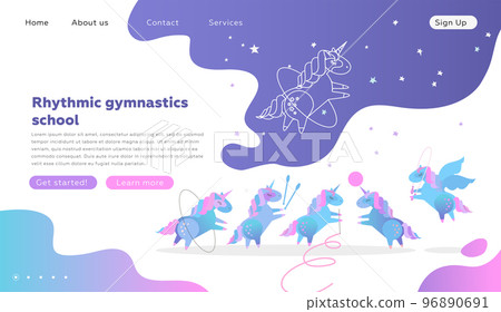 Web page design templates for rhythmic gymnastics school. Modern vector illustration concept for website development. Cute unicorns doing rhythmic gymnastics with ribbon, ball, hoop, skipping rope 96890691