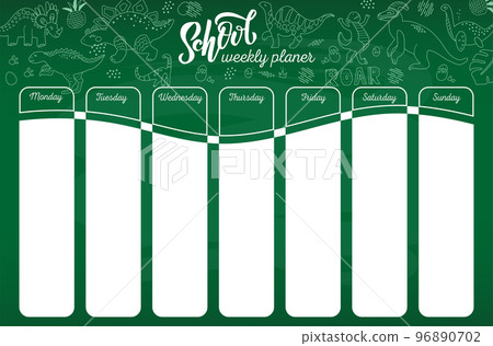 School timetable vector template. Weekly lesson schedule on green chalkboard background with chalk line sketches of cute dinosaurs. Weekly planning in sketchy style with hand drawn doodles on board. 96890702