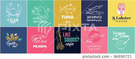 Colourful logo set with seafood for oyster bar, fish restaurant, tavern, bistro Colourful logo set with seafood for oyster bar, fish restaurant, tavern, bistro 96890721