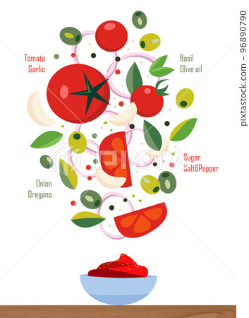 Flat illustration: falling ingredients of the pizza sauce, cut into slices: olives, tomatoes, garlic, olives, onions, oregano, basil, sugar, salt and pepper. Bowl with sauce and signature elements 96890790