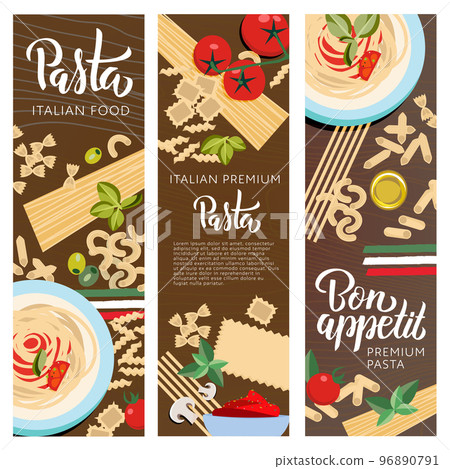 Set ot 3 Italian food banners with pasta hand lettering. Farfalle, Ravioli, Penne, Macaroni, Macheroni, Fusilli, Tortellini, Spaghetti, Fetuccine, Lasagne with greenery seasoning, oil, tomatos vector Set ot 3 Italian food banners with pasta hand lettering. Farfalle, Ravioli, Penne, Macaroni, Macheroni, Fusilli, Tortellini, Spaghetti, Fetuccine, Lasagne with greenery seasoning, oil, tomatos vector 96890791