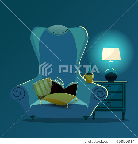 Vintage sofa armchair with yellow pillows with tassels and lace napkin on back of chair at night in the light of desk lamp. Gradient Soft chair with book, mug on armrest. Isolated flat cartoon vector Vintage sofa armchair with yellow pillows with tassels and lace napkin on back of chair at night in the light of desk lamp. Gradient Soft chair with book, mug on armrest. Isolated flat cartoon vector 96890814