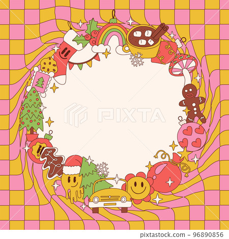 Round frame with Groovy Christmas bright elements, colorful toons characters and sweet food. Tritty Concept fir Xmas and New Year with distorted checkered background. Vector illustration. Round frame with Groovy Christmas bright elements, colorful toons characters and sweet food. Tritty Concept fir Xmas and New Year with distorted checkered background. Vector illustration. 96890856