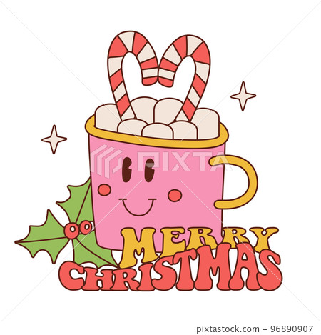 Groovy Christmas retro mug of cocoa drink. Mascot of chocolate cup with candy cane, marshmallow and holly in 70s style. Merry Christmas typography. Vector hand drawn linear illustration. 96890907