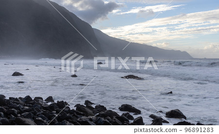 stormy ocean big breaking waves a lot of foam 96891283