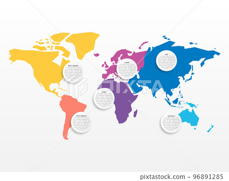 World map and continents infographics. Circular text fields and map of World with different color of each continent. Vector illustration 96891285