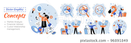 Market statistics analysis metaphor, financial advisor, customer relationship management business themes set Market statistics analysis metaphor, financial advisor, customer relationship management business themes set 96891849