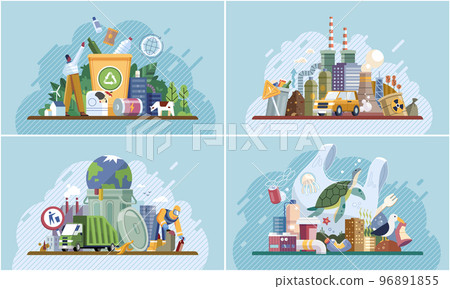 Plastic waste pollution illustration set. Bags and bottles waste garbage. Environment contamination Plastic waste pollution illustration set. Bags and bottles waste garbage. Environment contamination 96891855