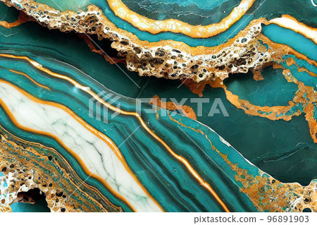 Sea blue and gold Turquoise marble abstract background. Decorative acrylic paint pouring rock marble texture. Horizontal Sea blue and gold Turquoise cyan abstract pattern. 96891903