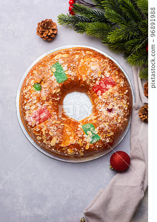 Roscon is a traditional Spanish Christmas pastry cake, top view 96891988