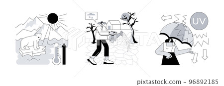 Global warming abstract concept vector illustration set. Melting glaciers, drought, ultraviolet radiation, raising sea level, natural disaster, extreme weather condition, UV rays abstract metaphor. Global warming abstract concept vector illustration set. Melting glaciers, drought, ultraviolet radiation, raising sea level, natural disaster, extreme weather condition, UV rays abstract metaphor. 96892185