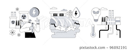 Energy sources abstract concept vector illustration set. Nuclear power plant, hydropower, geothermal energy, generate electricity, dam turbine, power plants, heat pump abstract metaphor. 96892191