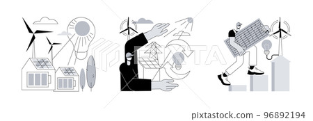 Clean green energy abstract concept vector illustration set. Alternative energy, sustainable eco system, renewable sources, wind turbine, solar panels, green economy, eco friendly abstract metaphor. 96892194
