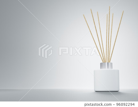Aroma diffuser white bottle with silver cap and wooden sticks 3D render Aroma diffuser white bottle with silver cap and wooden sticks 3D render 96892294