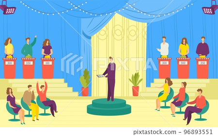 Television show, tv game vector illustration. Tv program of entertainment with participants answering questions or solving puzzles. Television show, tv game vector illustration. Tv program of entertainment with participants answering questions or solving puzzles. 96893551