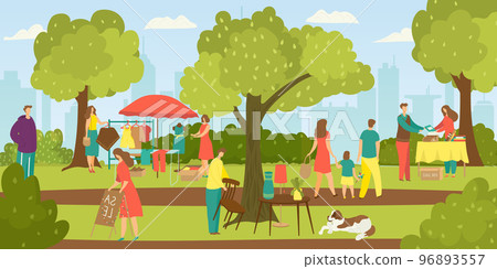 Street shops flee market, people selling cloths and shopping at walking street vector illustration. Second hand cloths, books and vintage things. 96893557