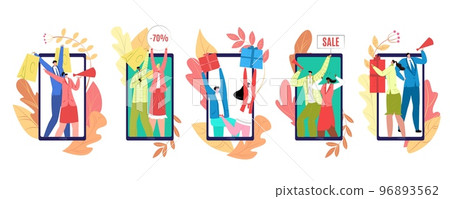 Super sale people banners vector illustration. Discount with low prices, season big sale, special offer stickers. Promotion or clearance Super sale people banners vector illustration. Discount with low prices, season big sale, special offer stickers. Promotion or clearance 96893562