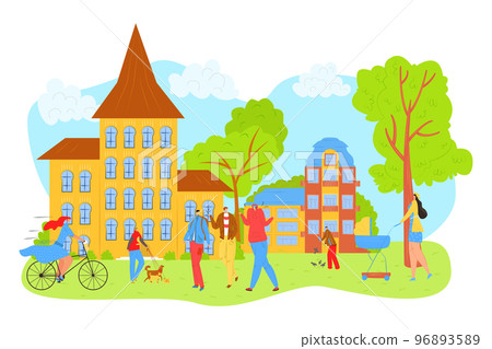 People walk in city park in summer, leisure and rest in nature with friends vector illustration. Mother with baby carrige, girl on bicycle. 96893589