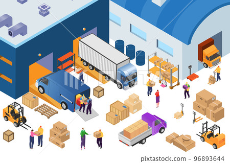 Isometric warehouse storage and industrial equipment, 3d logistic hub vector illustration. Forklift carrying pallets with boxes, storehouse shelves. 96893644