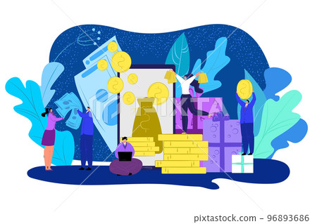 Cash back reward concept vector illustration. People with gold dollar coins in sky. Money rebate design. Commerce, finances and bank cashback. 96893686
