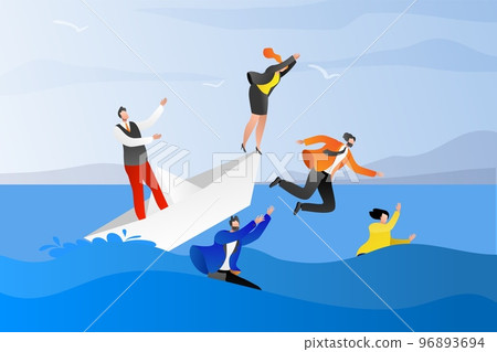 Business problem flood ship, problems at work career and financial crisis concept, vector illustration. Company and business to survive, businessman falling. 96893694