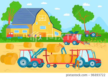 Agricultural machinery, vehicles and farm machines in field harvesting vector illustration. Tractors, harvesters, combines. Agribusiness. 96893722
