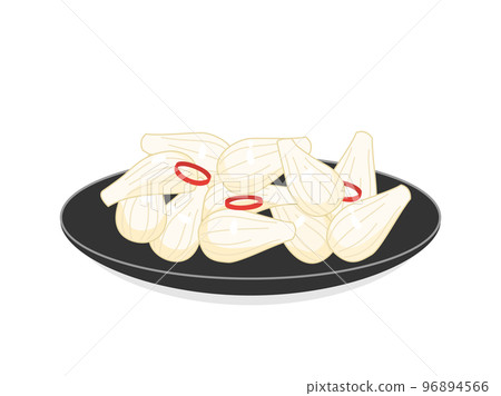 Illustration of sweet and sour pickled shallots served on a black plate 96894566