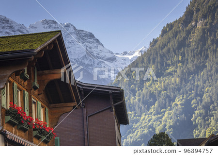 Flowers in rustic chalet at springtime with mountains, Interlaken, Switzerland 96894757