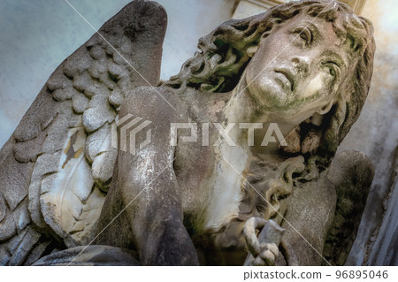 Young sad and beautiful fragile Angel, Recoleta cemetery, Buenos Aires 96895046
