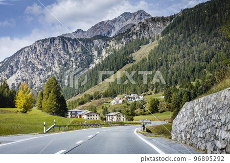 Mountain road in Engadine, dramatic road with swiss alps, Switzerland 96895292