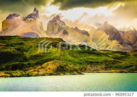 Horns of Paine and Lake Pehoe at sunset, Torres Del Paine, Patagonia, Chile 96895327