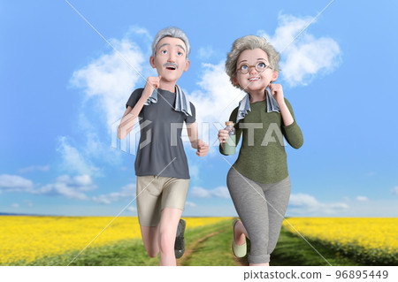 一對好朋友老年夫婦精力充沛地慢跑 96895449