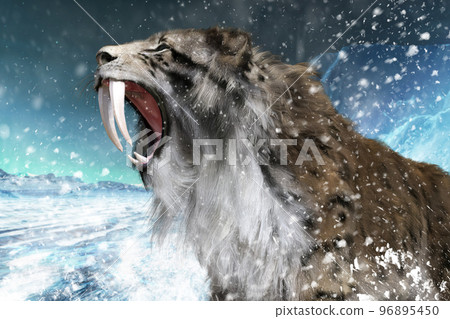 一隻長著尖牙的劍齒虎正在威脅 96895450