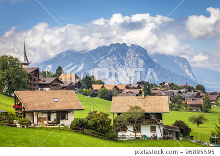 Idyllic landscape of Preda village in Engadine valley, Swiss Alps, Switzerland 96895595