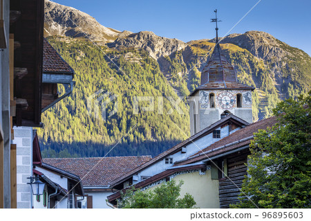 Idyllic landscape of Preda village in Engadine valley, Swiss Alps, Switzerland 96895603
