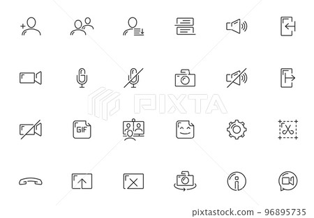 Videocall icons of conference video call interface menu, online chat UI vector line buttons. Videocall or user chat icons of microphone mute, incoming call and settings, file upload or send pictograms Videocall icons of conference video call interface menu, online chat UI vector line buttons. Videocall or user chat icons of microphone mute, incoming call and settings, file upload or send pictograms 96895735