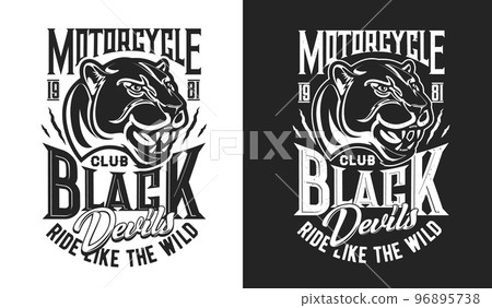 Black puma mascot, biker and motorcycle club t-shirt print, vector sport racing emblem. Motocross or bike races and speedway sport club mascot of puma or cougar panther for chopper riders club sign Black puma mascot, biker and motorcycle club t-shirt print, vector sport racing emblem. Motocross or bike races and speedway sport club mascot of puma or cougar panther for chopper riders club sign 96895738