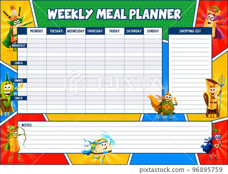 Weekly meal planner superhero mexican tex mex food characters. Vector timetable, week food plan organizer template with tequila, jalapeno, enchiladas, burrito, tacos and avocado comics personages Weekly meal planner superhero mexican tex mex food characters. Vector timetable, week food plan organizer template with tequila, jalapeno, enchiladas, burrito, tacos and avocado comics personages 96895759