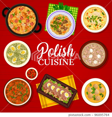 Polish cuisine menu cover, Poland food dishes of lunch and dinner, vector. Polish cuisine restaurant traditional food dishes, sausage soup, meatloaf with eggs and goulash with barley and beef 96895764