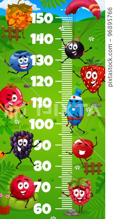 Kids height chart. Cartoon berry characters on summer party. Child height meter, kids growth measure vector scale with raspberry, blueberry and blackcurrant, strawberry, cowberry and honeysuckle 96895766