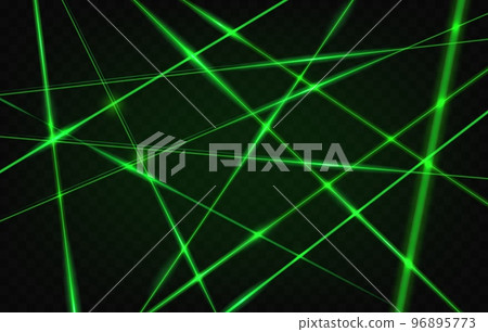 Crossed laser green light beams on black background, vector neon glow lines effect. Green laser flashes and rays of energy, futuristic tech scanner laser lights and sparkle shines in dark space galaxy 96895773