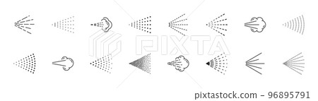 Spray icons. Water, perfume or gas outline pictograms, humidifier vapor, hairspray or shower drops, nasal spray, aerosol fluid sprinkle thin line icons, vector symbols set 96895791