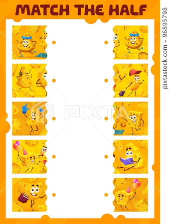 Match half of cartoon cheese, game quiz worksheet or vector puzzle riddle. Picture match kids game to find same part or correct piece of cheese, maasdam or gouda on vacations and playing basketball 96895798